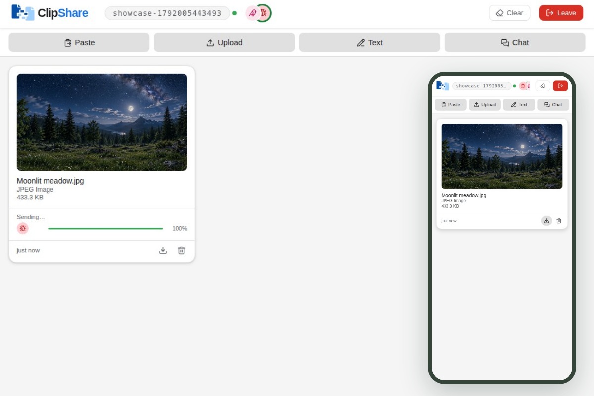 Desktop ClipShare with the bordered mobile view overlaid in the lower right, both sharing Moonlit meadow.jpg