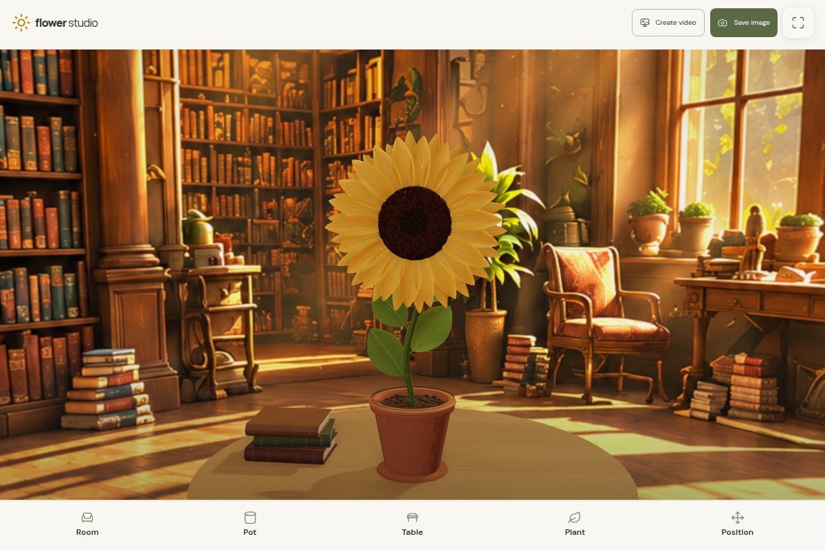 A customizable 3D plant and table in Flower Studio's panoramic room