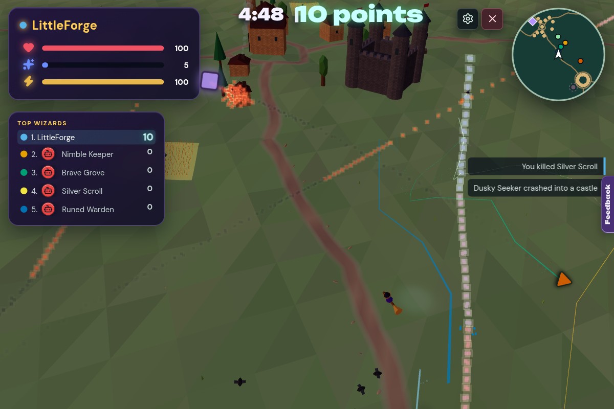 Overcast combat with opponents, spells, and the player battle HUD